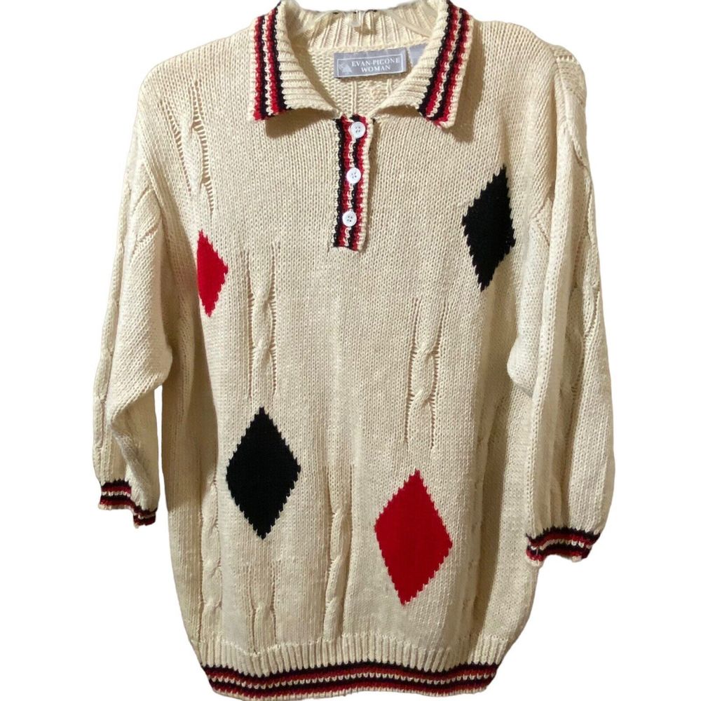 VTG Evan Picone Woman Knit Button Top Collared Sweater Ramie/Cotton Blend Sz M